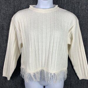 VTG Size Large Sweater Cropped Long Sleeve Fringe Hem Cream Mock Neck Mainframe